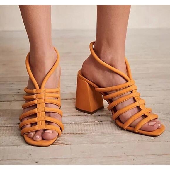 Free People Colette Sandal Size 7 Women’s Orange Strappy Slingback Block Heel - Picture 1 of 10